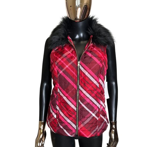 Chico's Plaid Puffer Vest 0 Small Removable Faux Fur Collar Red Holiday Zip Vest - Picture 9 of 11